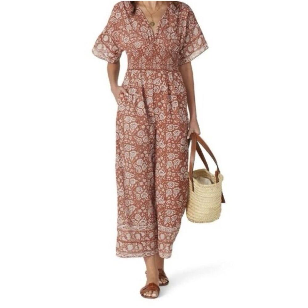 Cleobella Jess Jumpsuit Size S Orange Printed Wide Leg V-Neck Short Sleeve